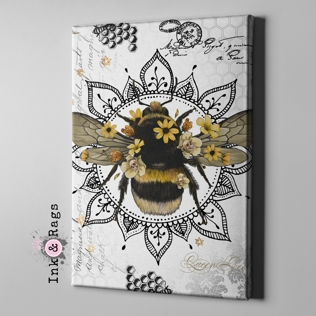 Poison Bee Mandala Skull White Gallery Wrapped Canvas