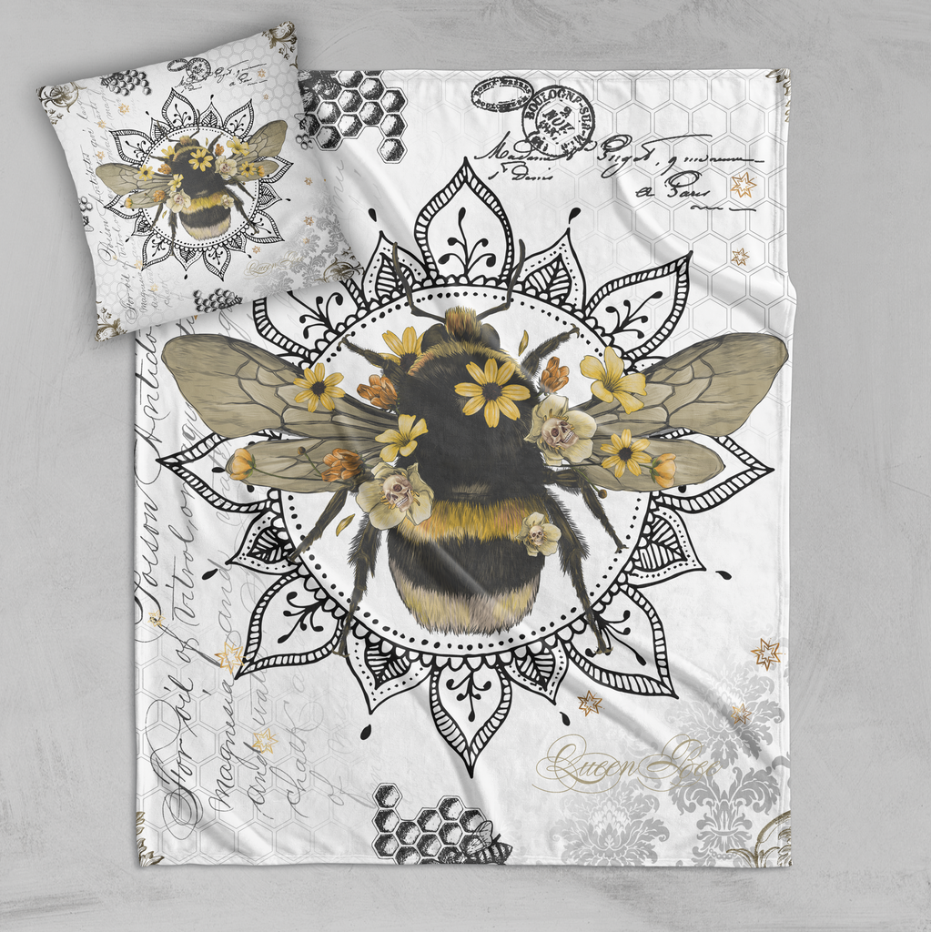 Poison Bee Mandala Skull White Decorative Throw and Pillow Cover Set