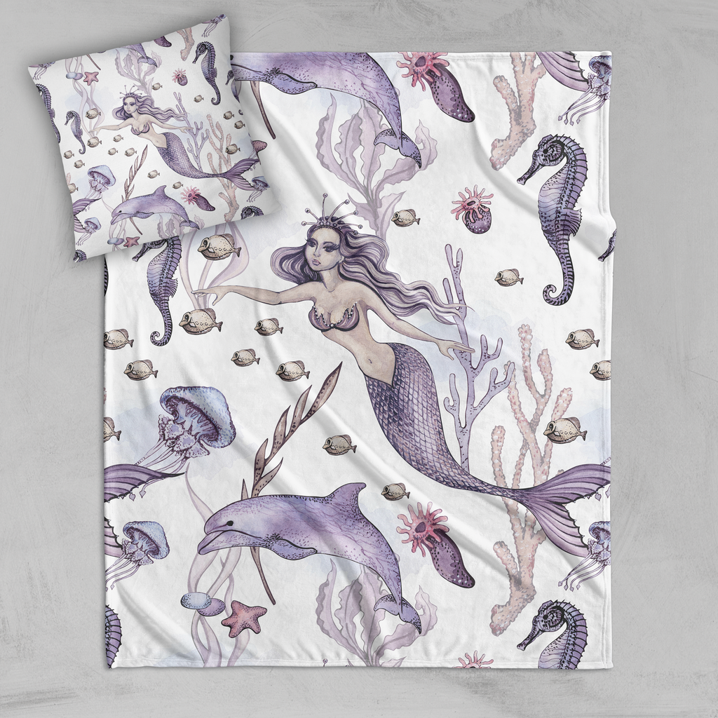 Purple Mermaid Dolphin Decorative Throw and Pillow Cover Set