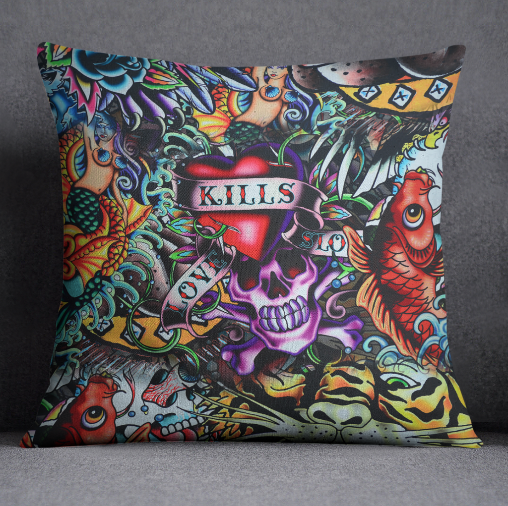 Love Kills Retro Tattoo Skull Throw Pillow
