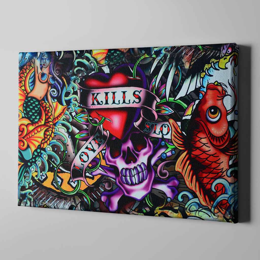 Love Kills Retro Tattoo Skull Gallery Wrapped Canvas