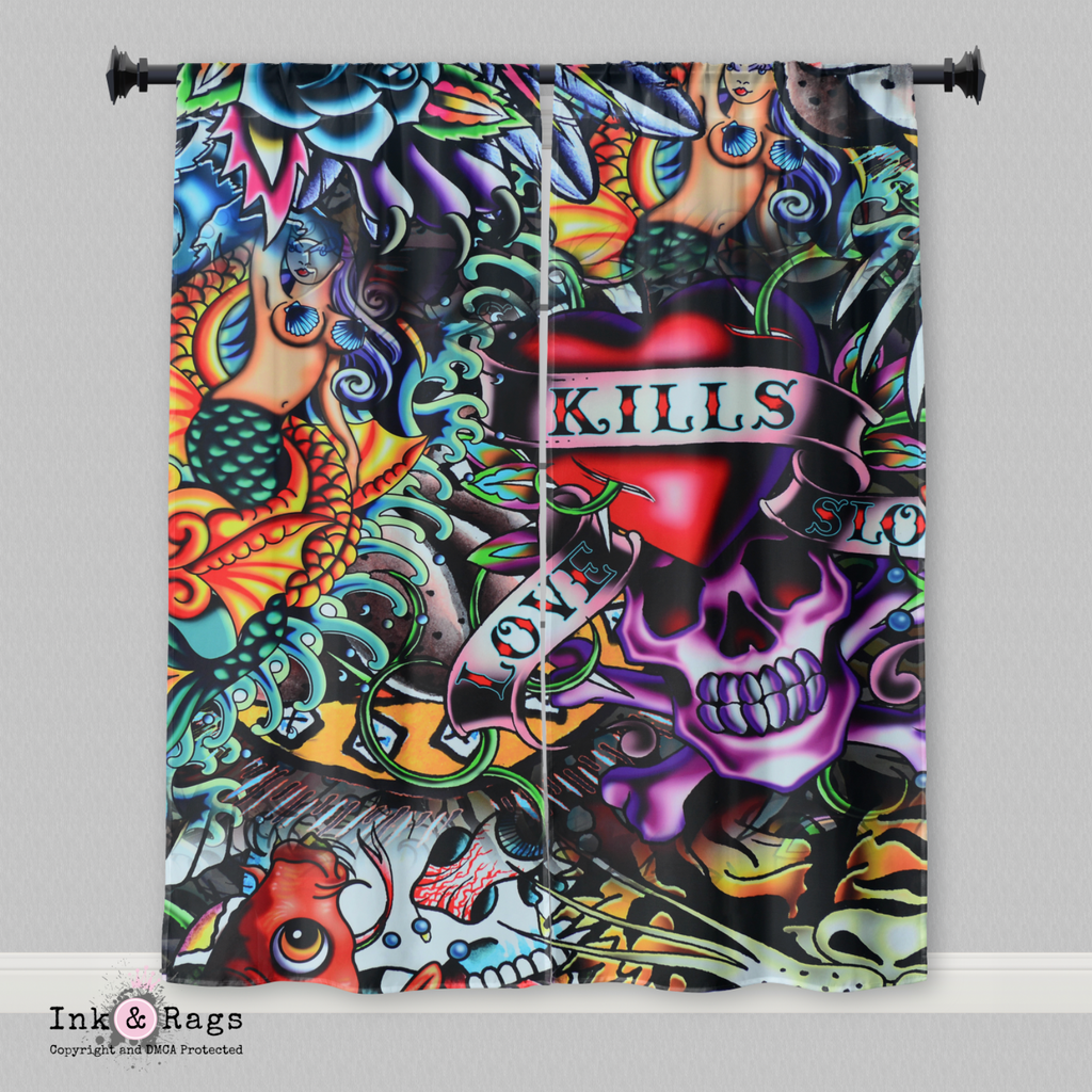 Love Kills Retro Tattoo Skull Curtains