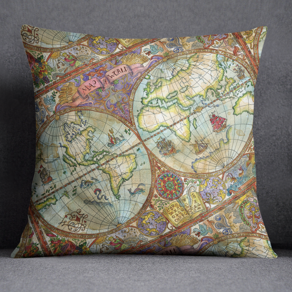 Vintage Watercolor Map Throw Pillow