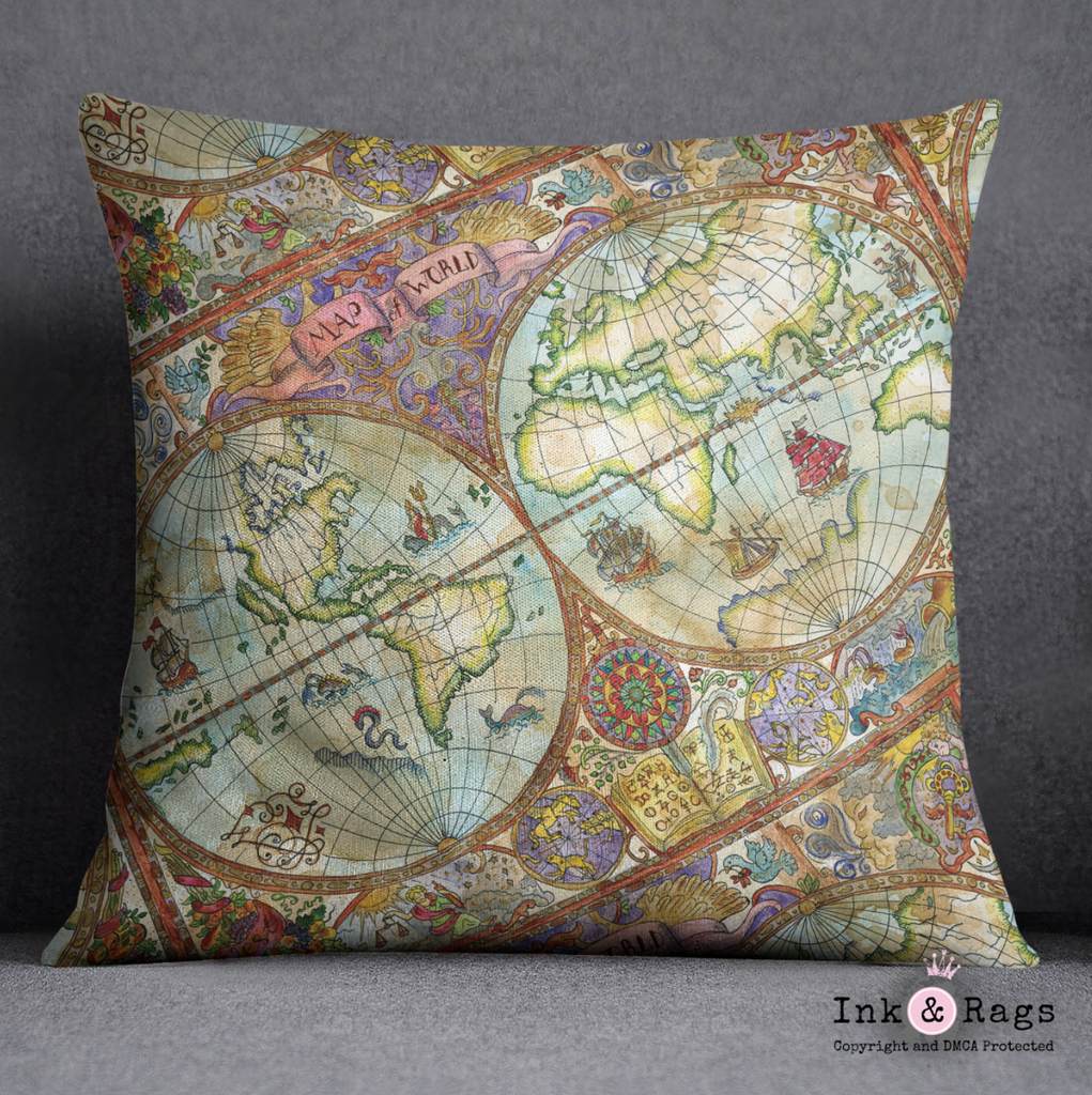 Vintage Watercolor Map Decorative Throw and Pillow Cover Set