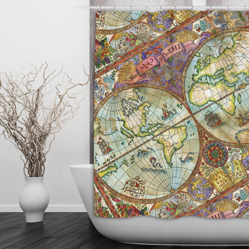 Vintage Watercolor Map Shower Curtains and Optional Bath Mats