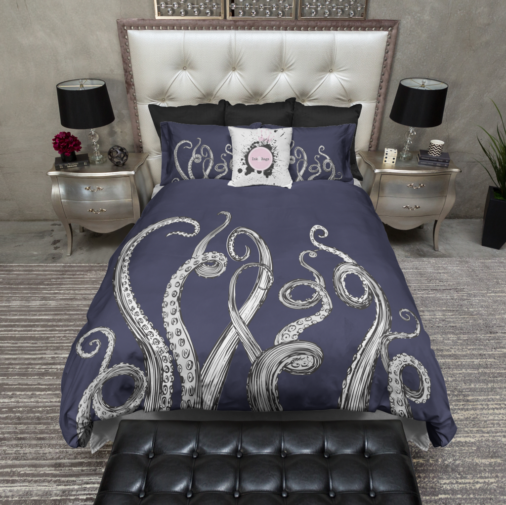 Navy Blue Octopus WHITE Tentacle Bedding Collection