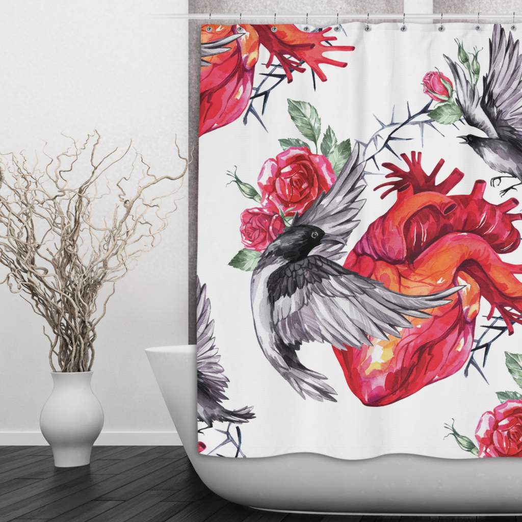 Watercolor Heart Rose and Raven Shower Curtains and Optional Bath Mats