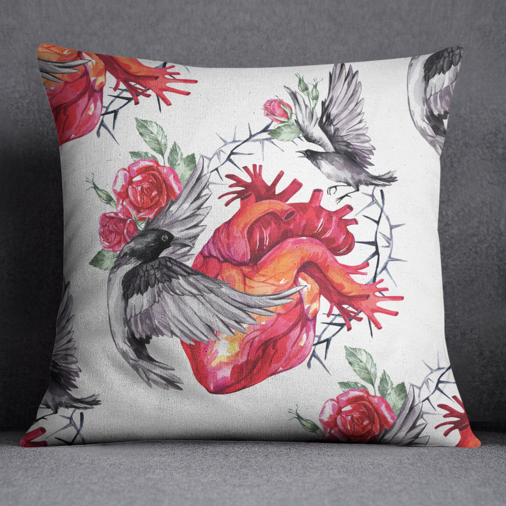 Watercolor Heart Rose and Raven Throw Pillow