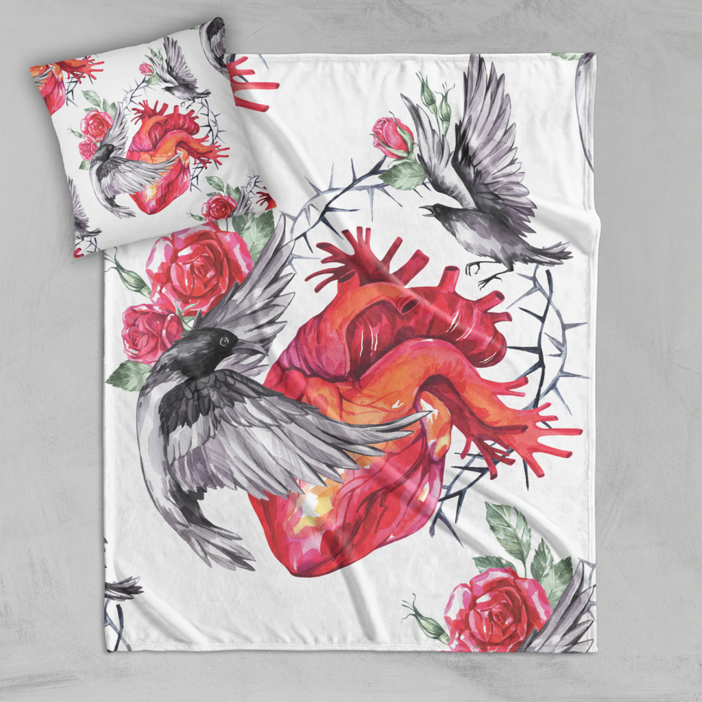 Watercolor Heart Rose and Raven Decorative Throw and Pillow Cover Set