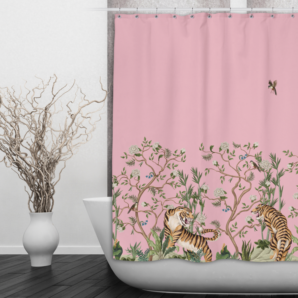 Pink Tiger Shower Curtains and Optional Bath Mats