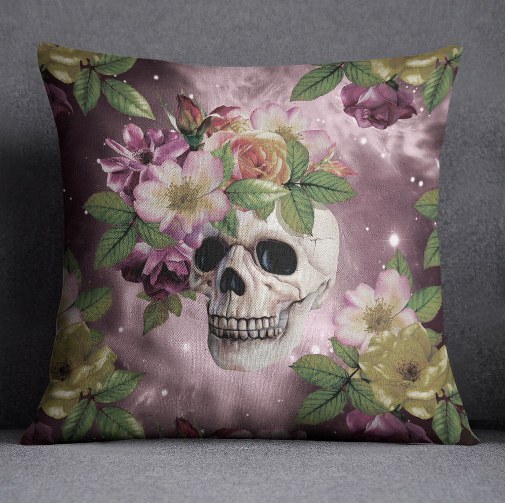 Maroon Watercolor Galaxy Floral Skull Throw Pillow