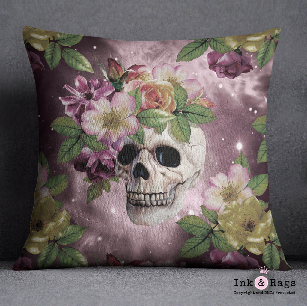 Maroon Watercolor Galaxy Floral Skull Decorative Throw and Pillow Cover Set
