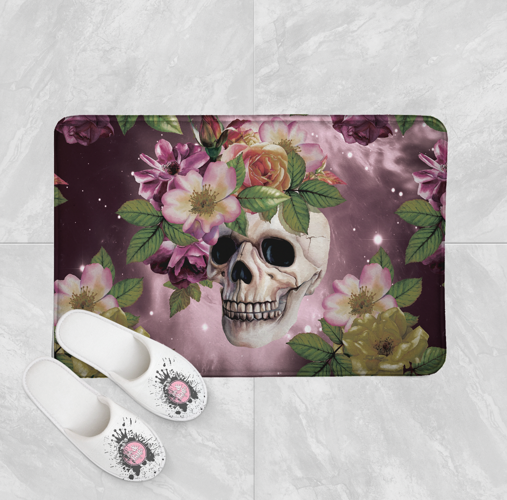 Maroon Watercolor Galaxy Floral Skull Shower Curtains and Optional Bath Mats