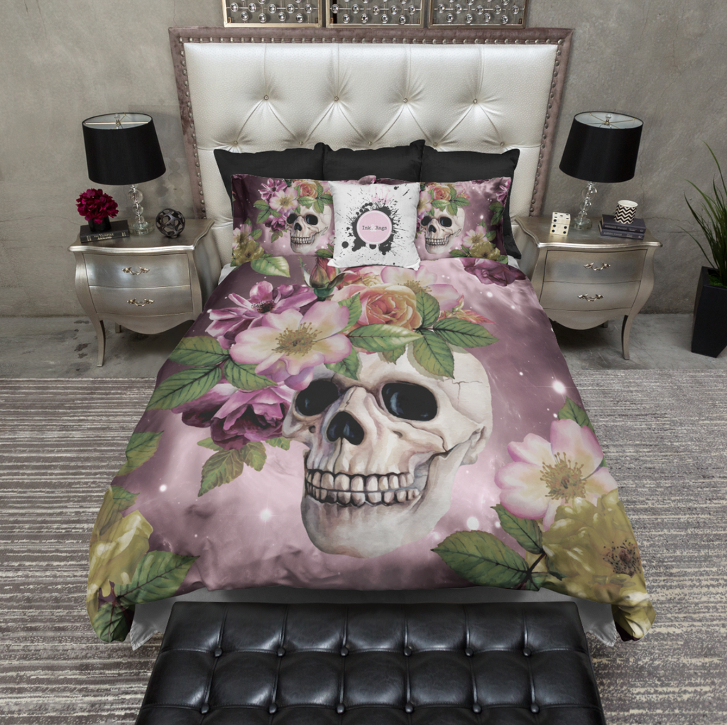 Maroon Watercolor Galaxy Floral Skull Bedding Collection