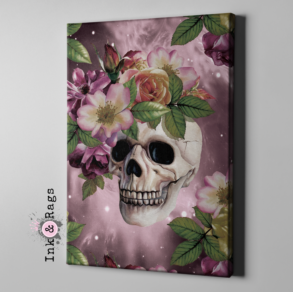 Maroon Watercolor Galaxy Floral Skull Gallery Wrapped Canvas