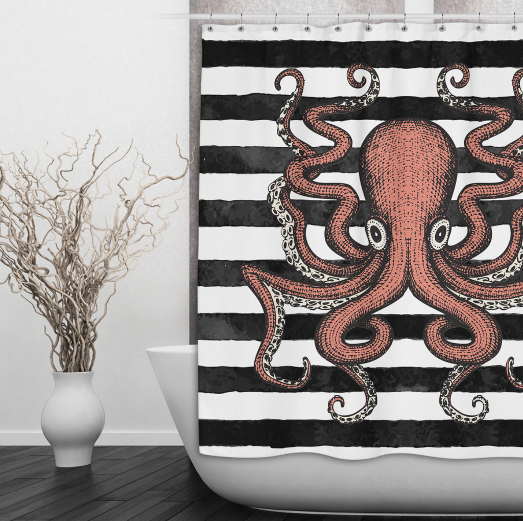 Full Octopus Stripe Shower Curtains and Optional Bath Mats