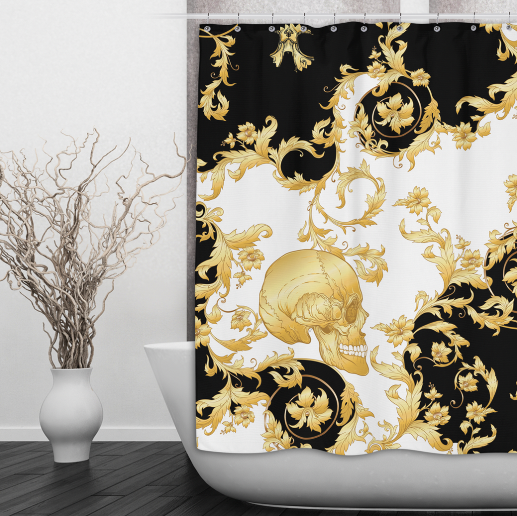 Gilded Gold Skull Shower Curtains and Optional Bath Mats
