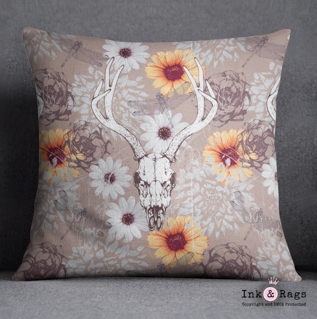 Deer Skull & Daisy Throw Pillow