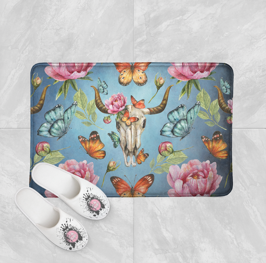 Bull Skull Peony Butterfly Shower Curtains and Optional Bath Mats