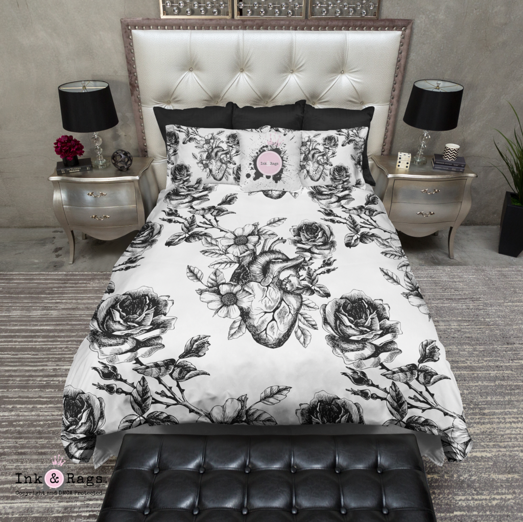 Black and White Flower and Anatomical Heart Bedding Collection