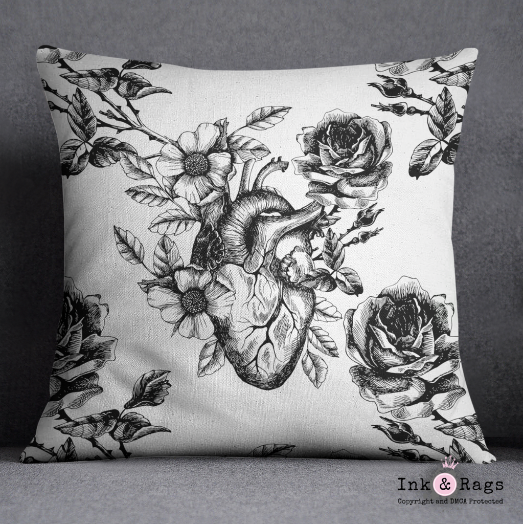 Black and White Flower and Anatomical Heart Throw Pillow
