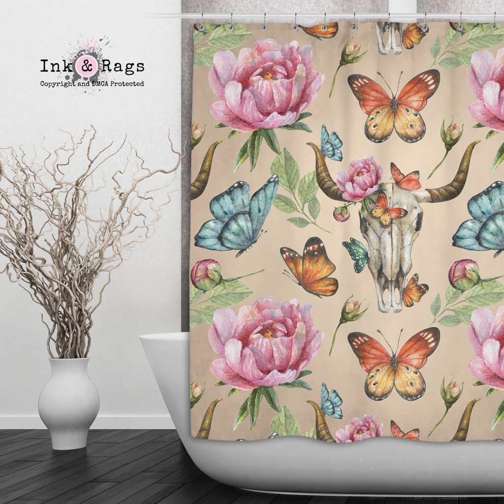 Bull Skull Peony Butterfly CREAM Shower Curtains and Optional Bath Mats