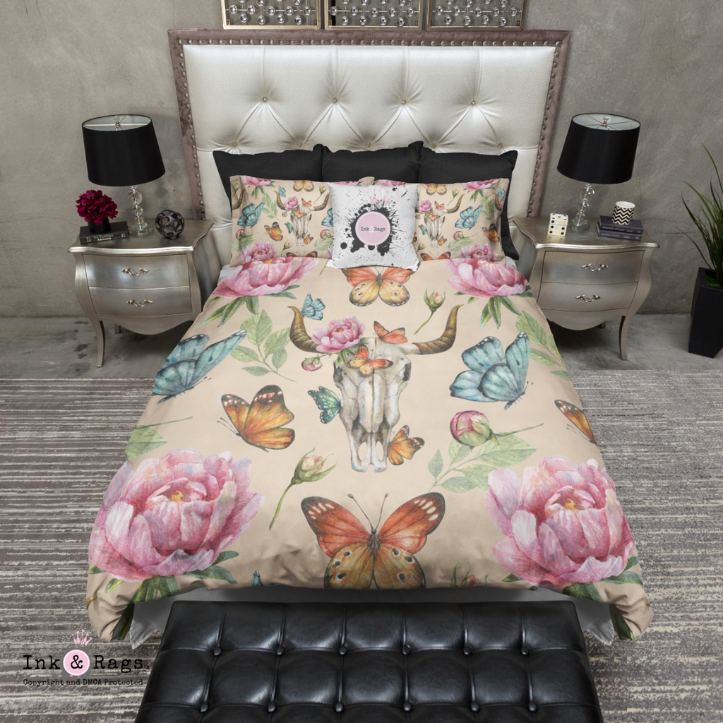 Bull Skull Peony Butterfly CREAM Bedding Collection