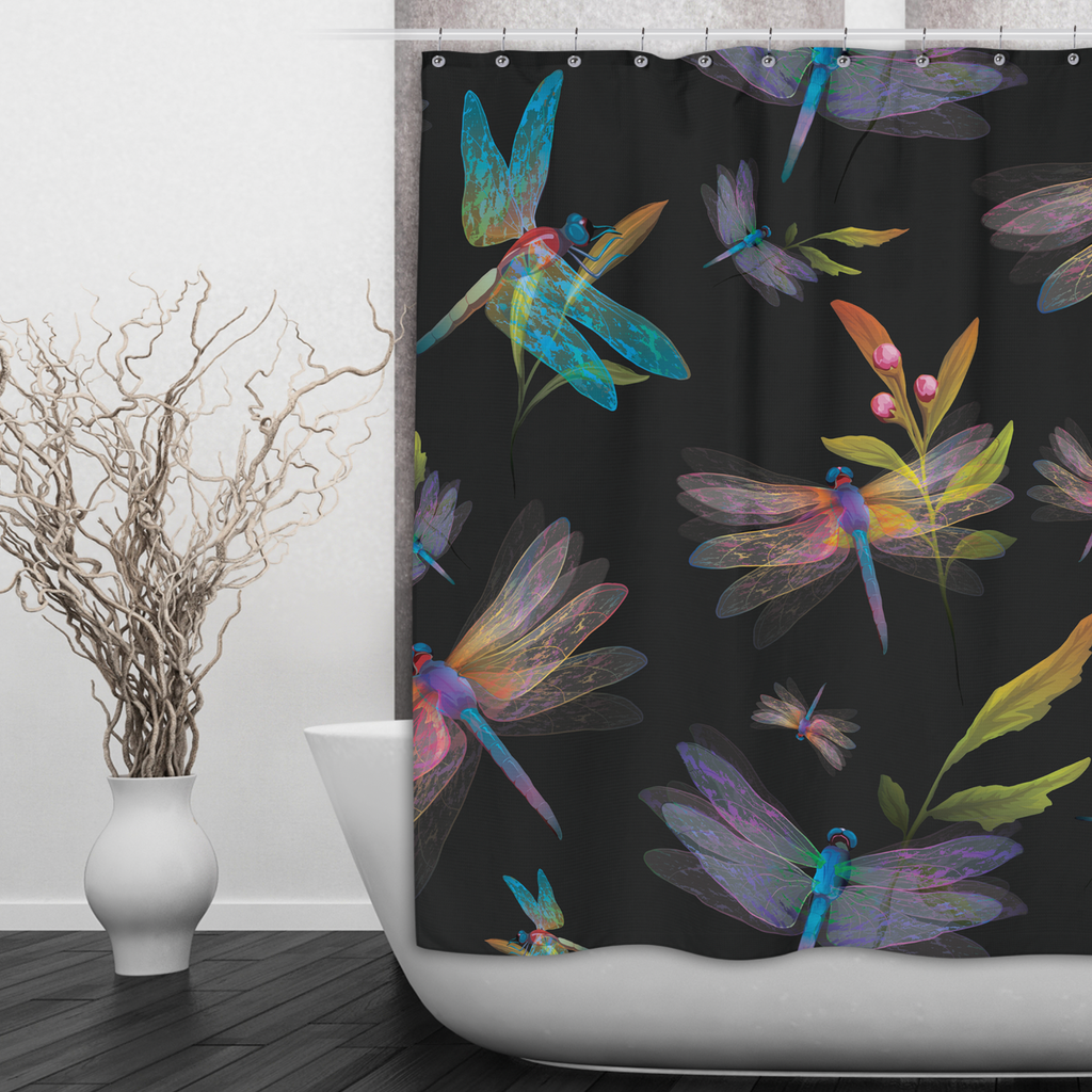 Luminescent Dragonfly Shower Curtains and Optional Bath Mats
