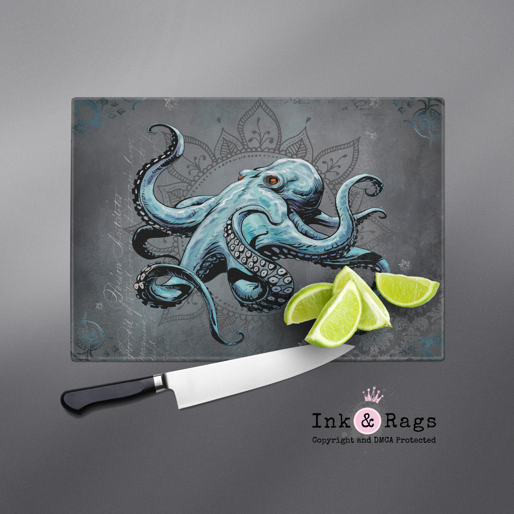 Blue Grey Mandala Octopus Cutting Boards