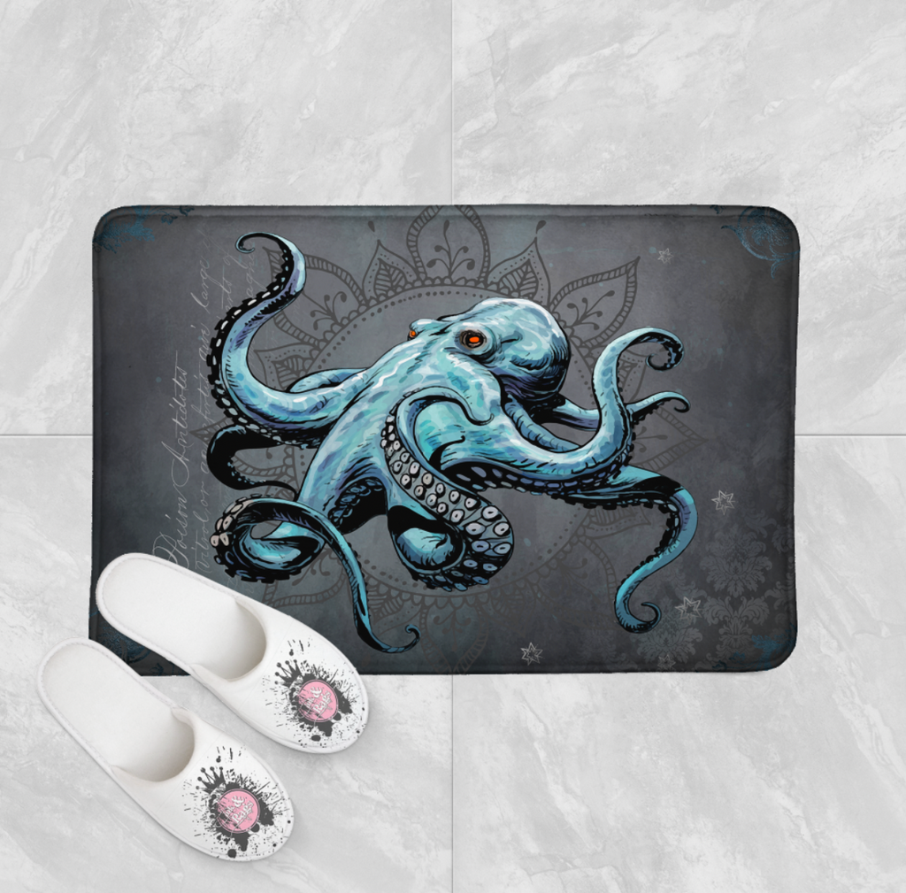 Blue Grey Mandala Octopus Shower Curtains and Optional Bath Mats