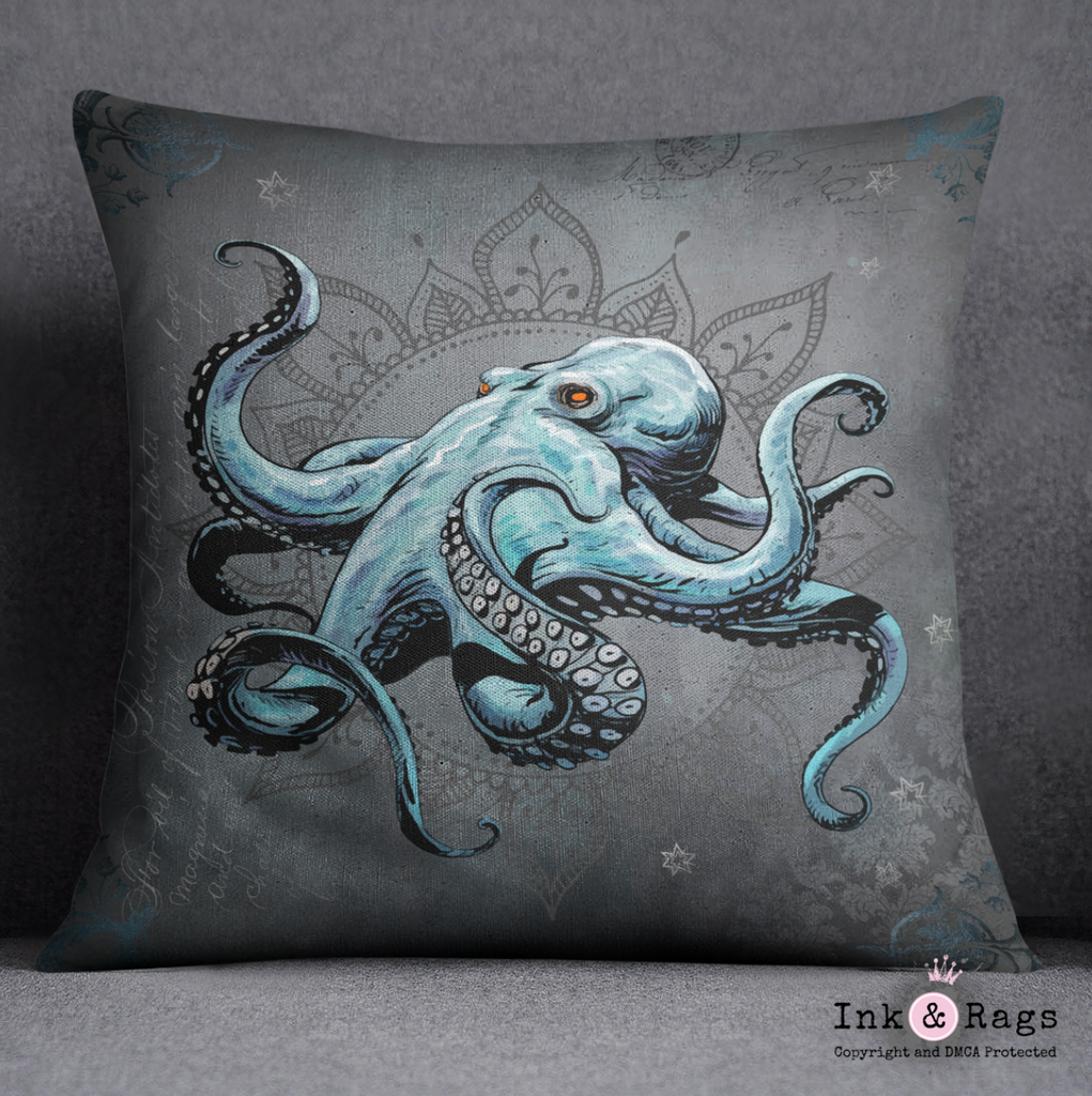 Blue Grey Mandala Octopus Throw Pillow