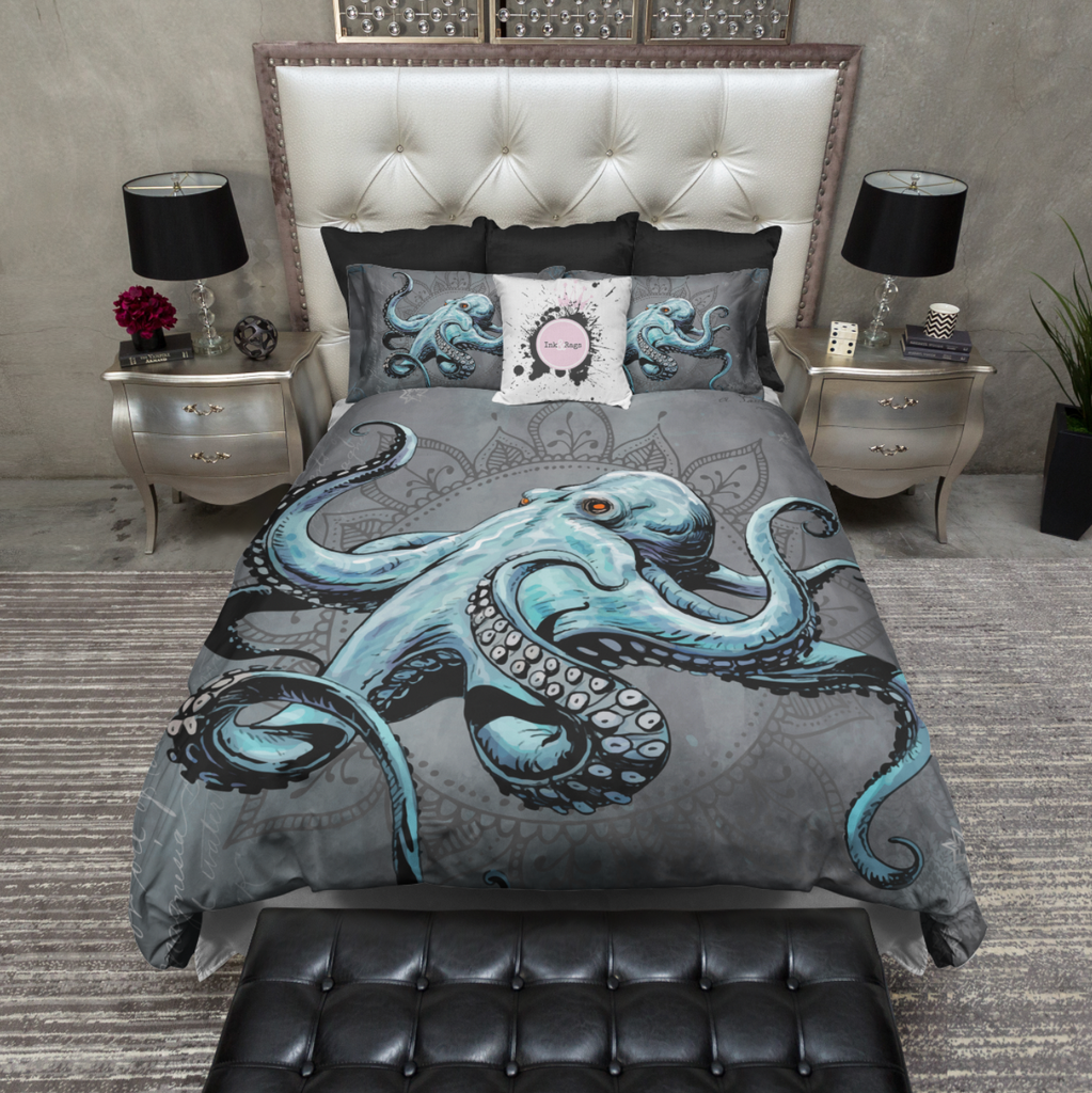 Blue Grey Mandala Octopus Bedding Collection