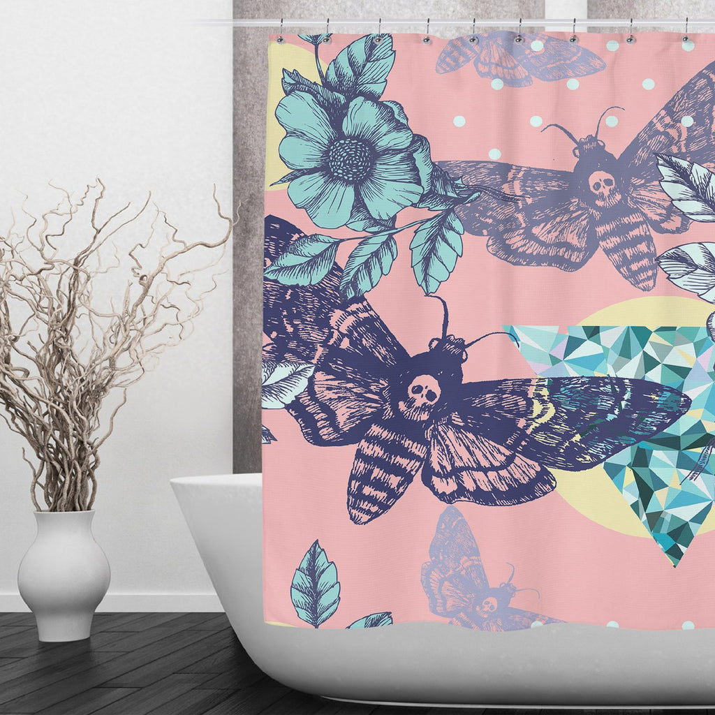 Pink Death Moth Skull Shower Curtains and Optional Bath Mats