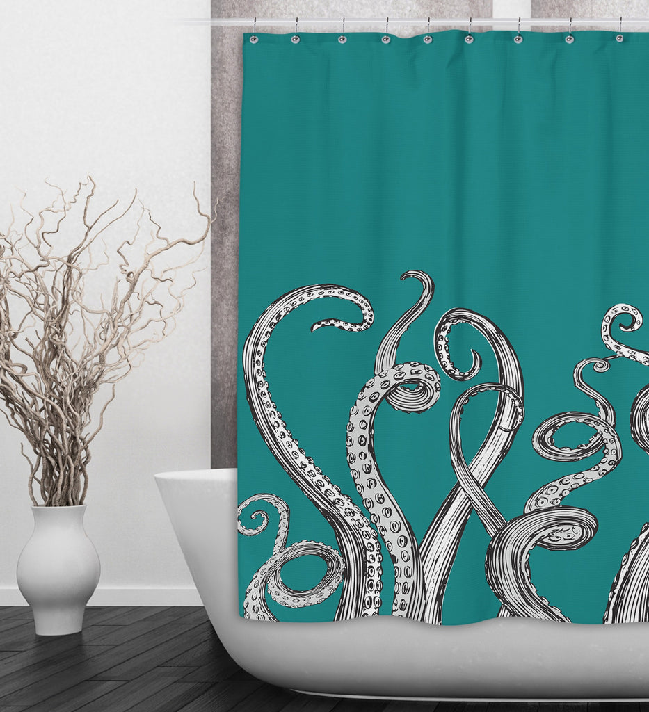 Teal Octopus Tentacle Shower Curtains and Optional Bath Mats