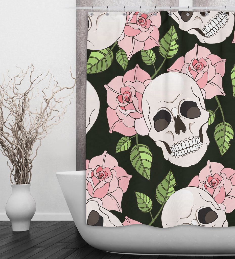 Pink Rose Skull Shower Curtains and Optional Bath Mats