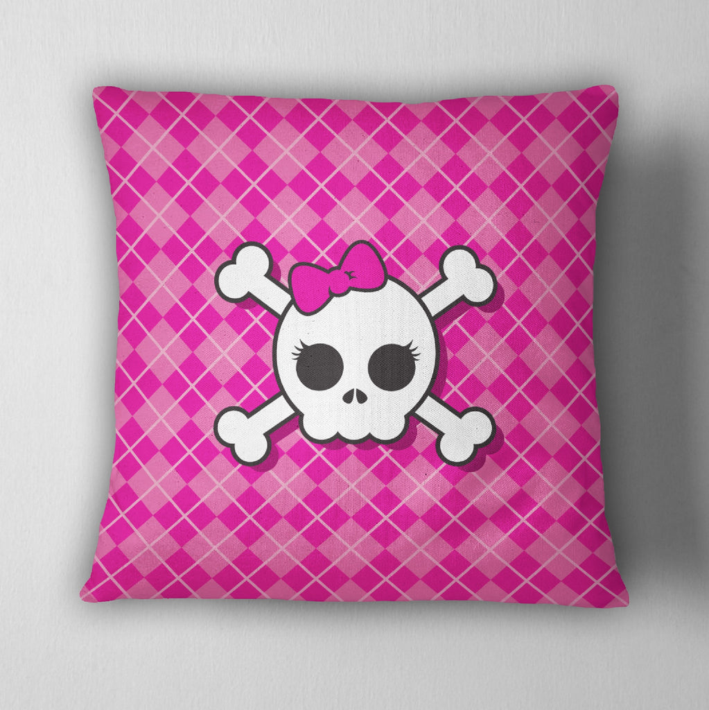 Hot Pink Argyle Plaid with Candy Skull Throw Pillow