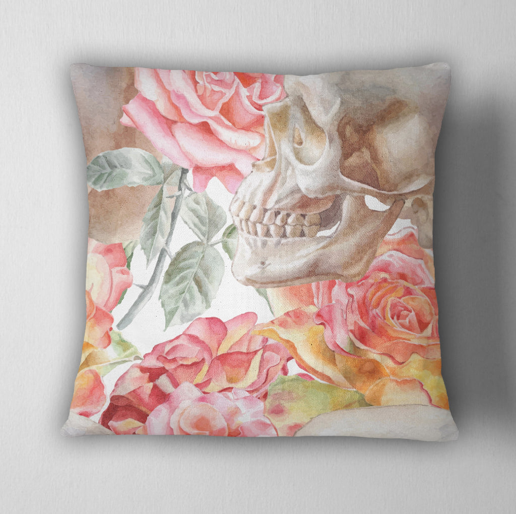 Pink & Orange Rose Watercolor Skull Throw Pillow