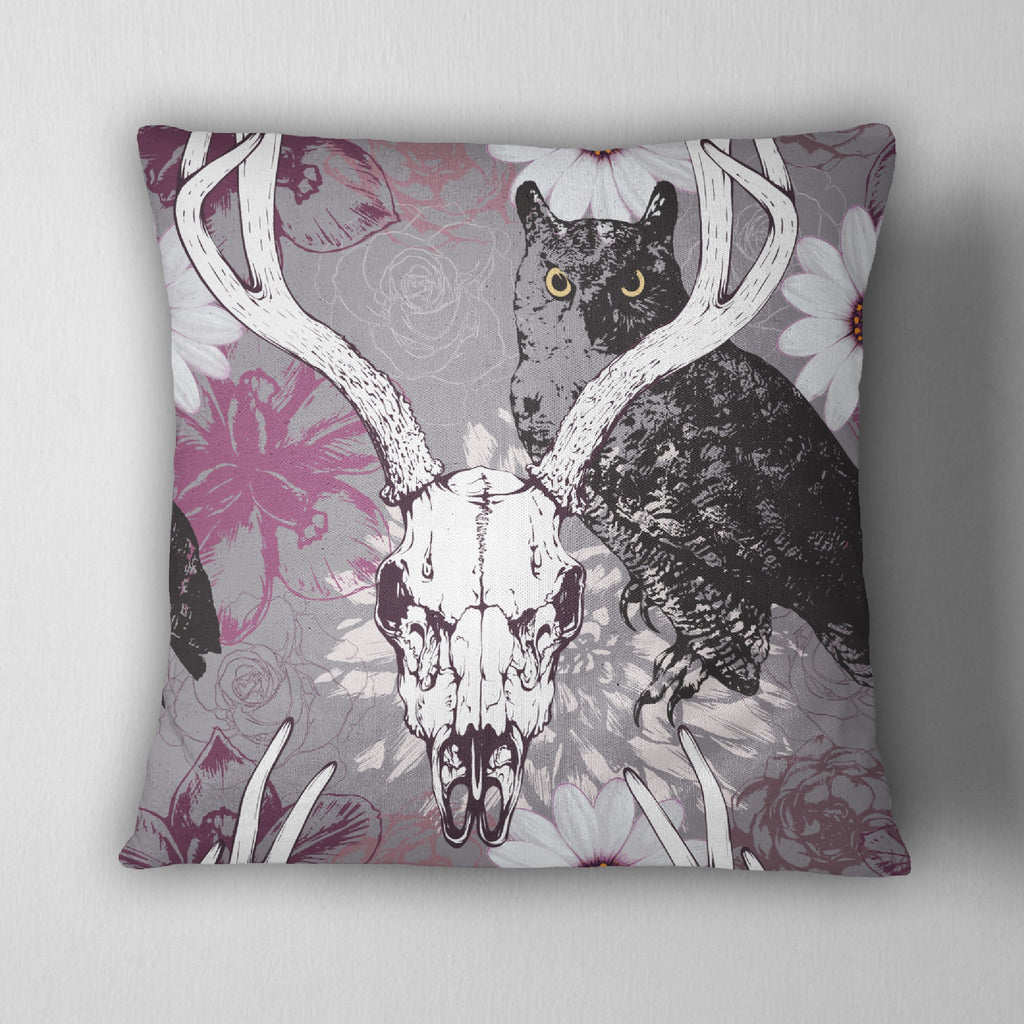Deer Skull and Owl Throw Pillow