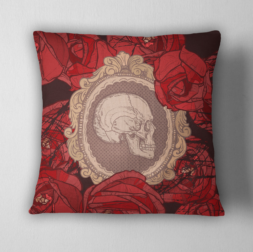 Cameo Skull Red Rose Throw Pillow