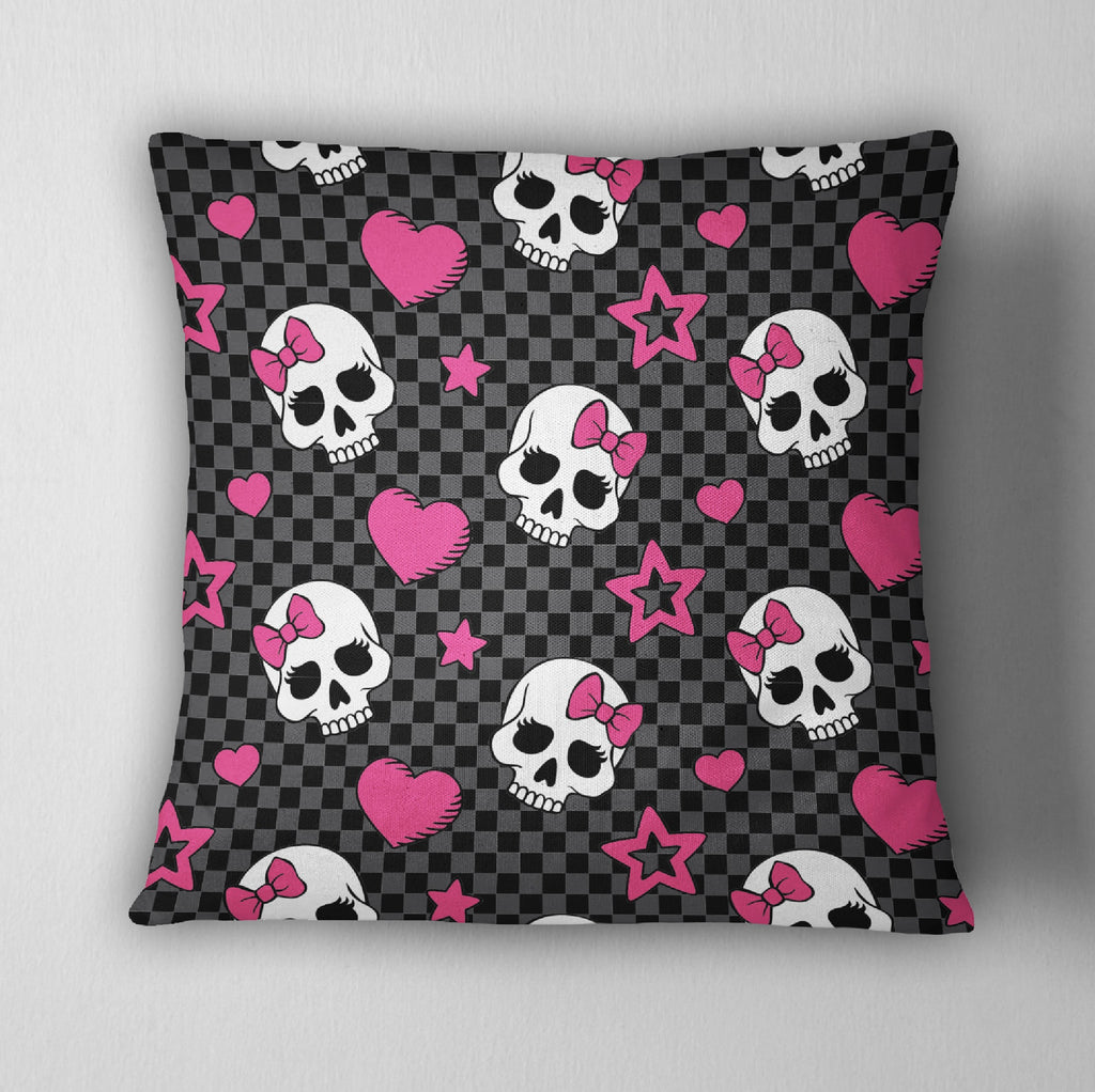 Hot Pink & Black Checkered Candy Skull Throw Pillow