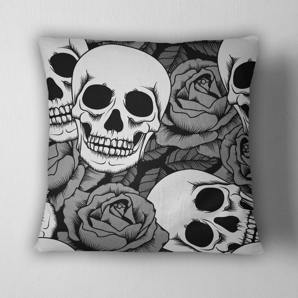 Silver Rose Skull Throw Pillow