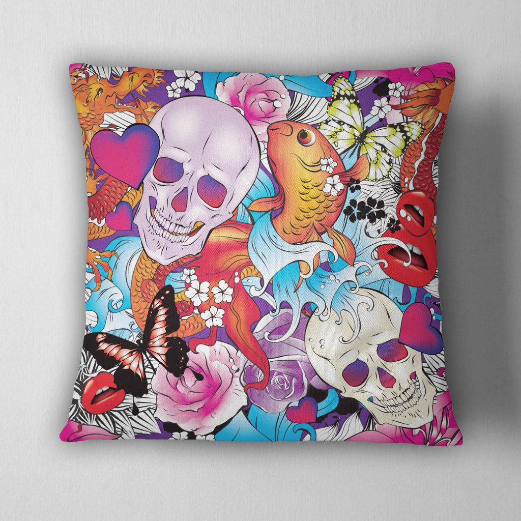 Colorful Skull Throw Pillow with Earth and Water Elements
