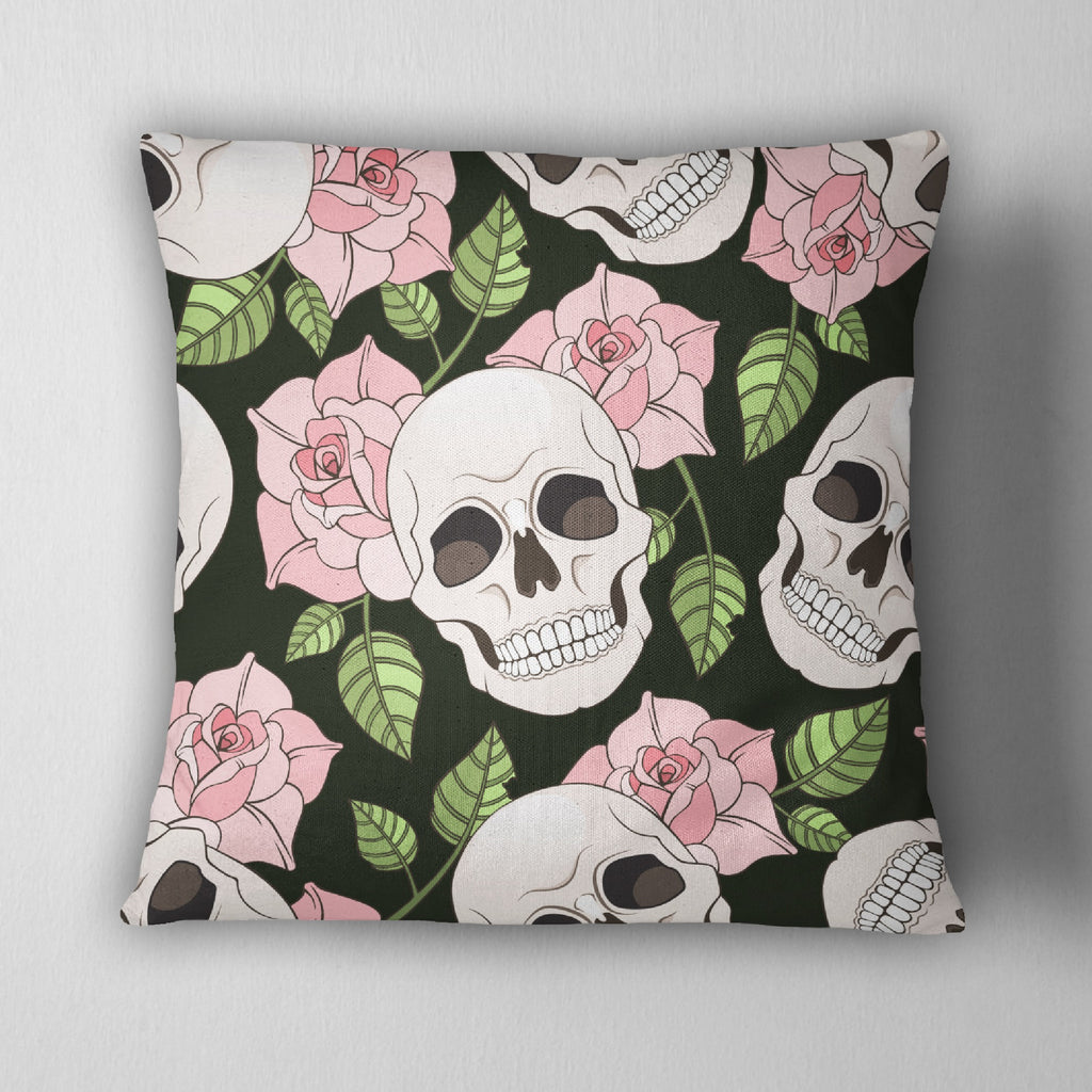 Skull with Pink Roses Throw Pillow