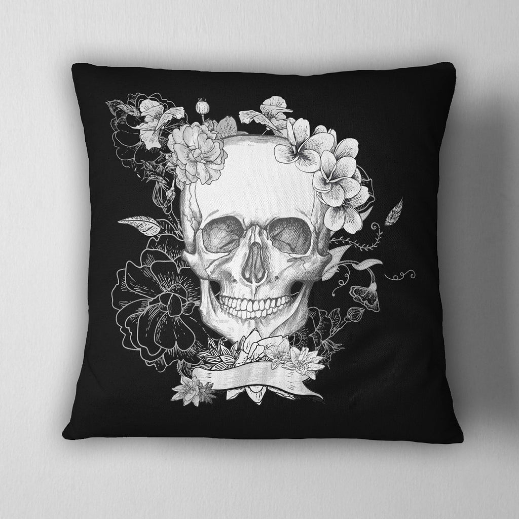 Black Flower Skull Throw Pillow