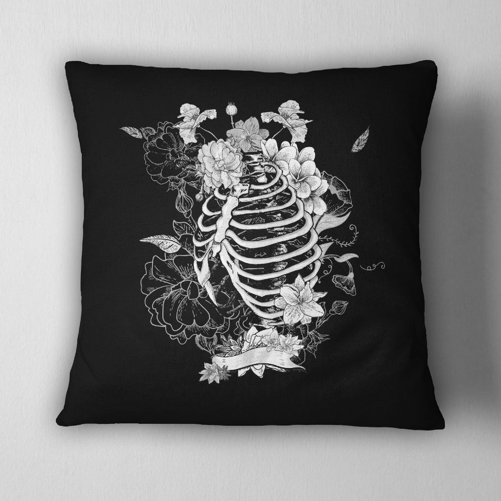 Black Flower Torso Skeleton Throw Pillow