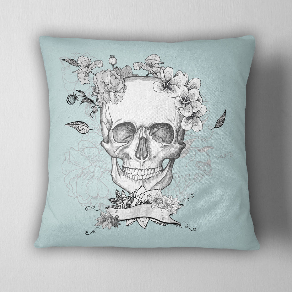 Ice Blue Floral Skull Throw Pillow