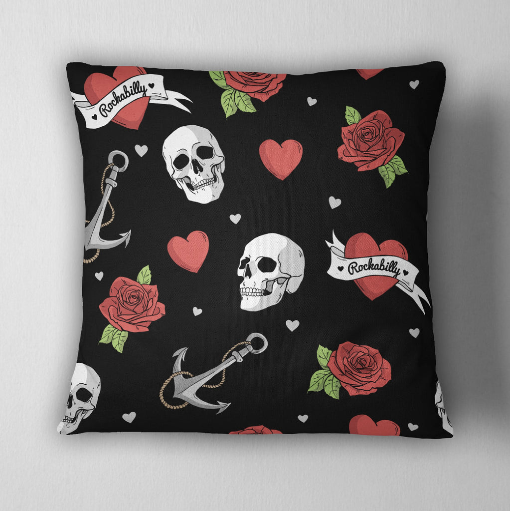 Black Rockabilly Heart Skull Anchor Throw Pillow