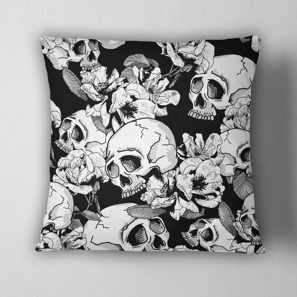Black and White Flower Skull Throw Pillow