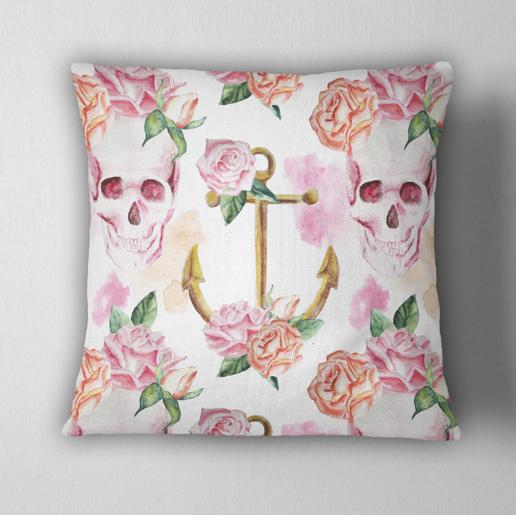 Watercolor Pink Rose Skull & Anchor Throw Pillow