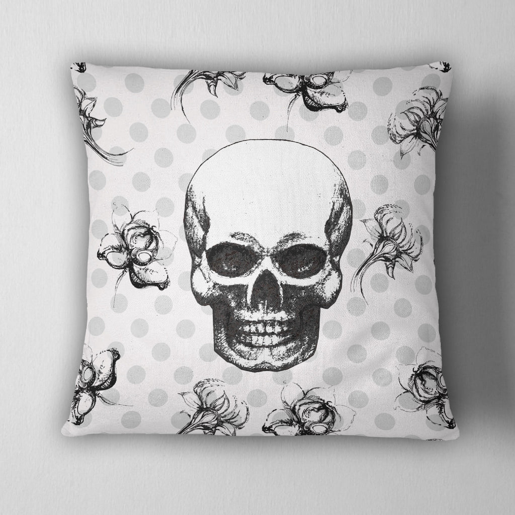 Black white & Grey Polka Dot Flower Skull Throw Pillow